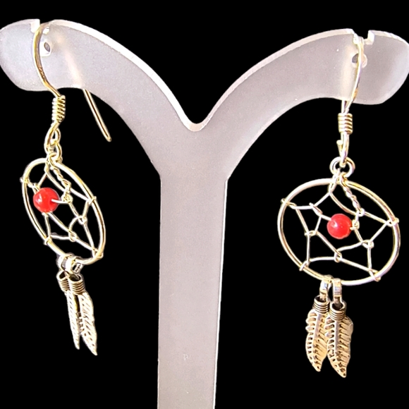 Red Coral & Sterling Silver Dreamcatcher Dangle Earrings - Picture 6 of 8